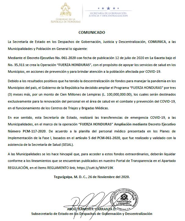 Comunicado: Gobierno de la República ha decidido ampliar el Programa “FUERZA HONDURAS”